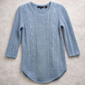 Jeanne Pierre Cable Knit Sweater Small Blue 3/4 Sleeve 100% Cotton Y2K Style
